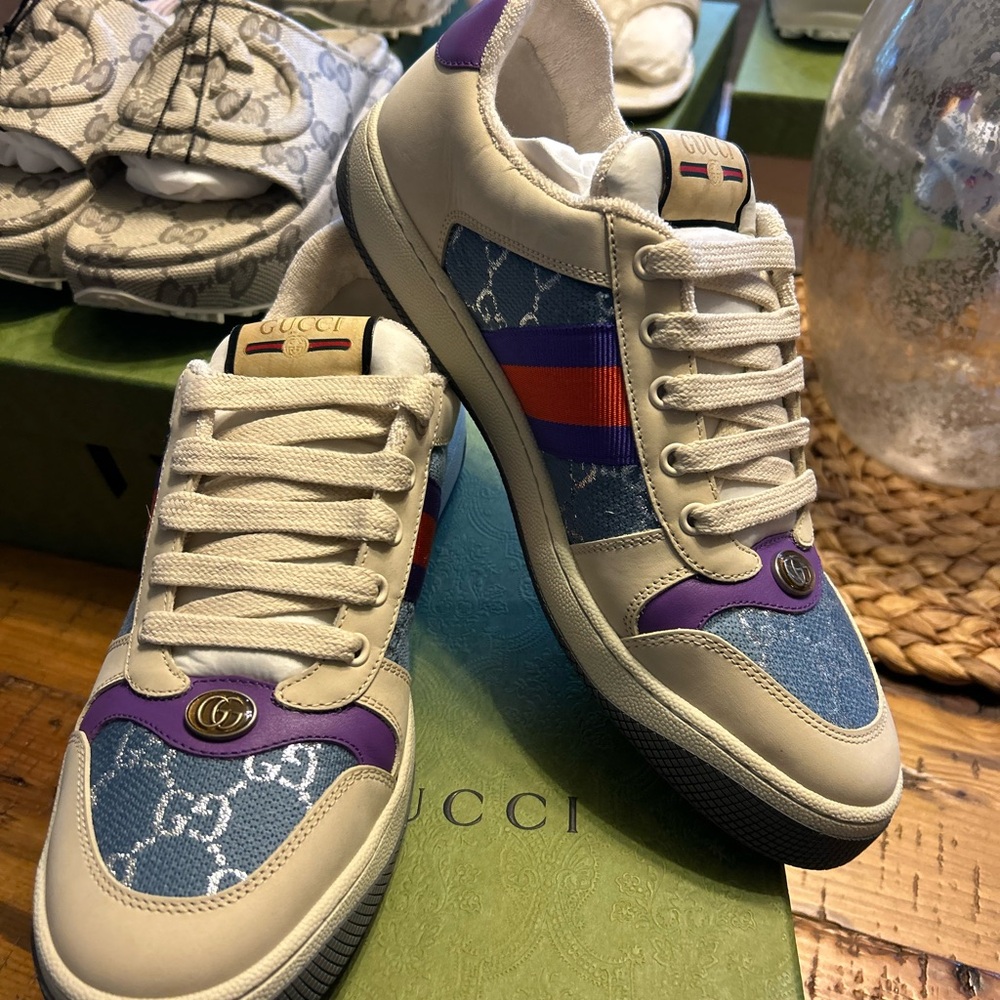 Gucci Cream & Blue Denim Sneakers with Purple and Red Stripe